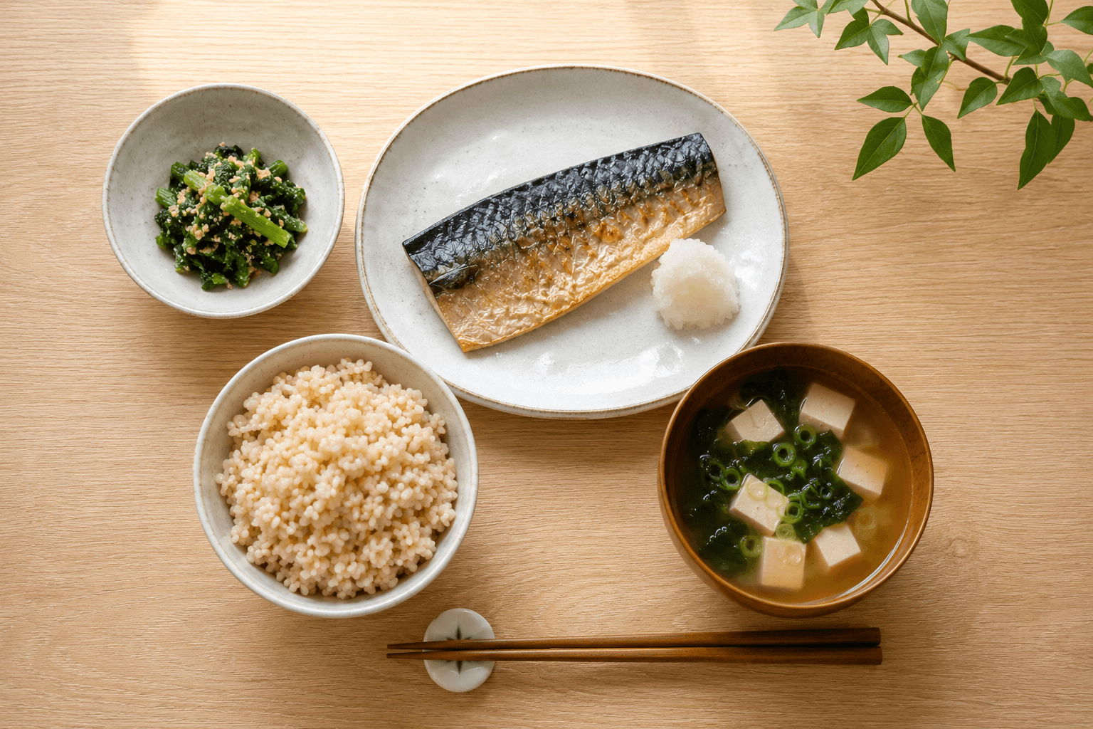 低コレステロール和食献立の例：さばの味噌煮、麦ご飯、お味噌汁、ほうれん草の胡麻和え