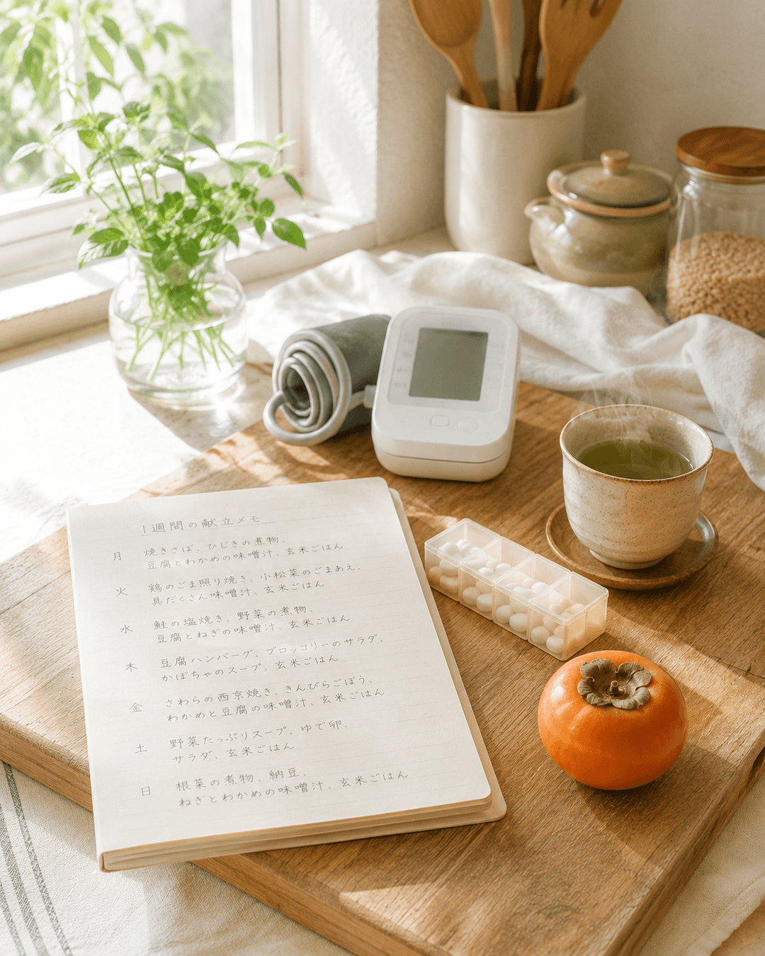 退院翌朝のキッチン台。手書きの献立メモと急須が置かれている