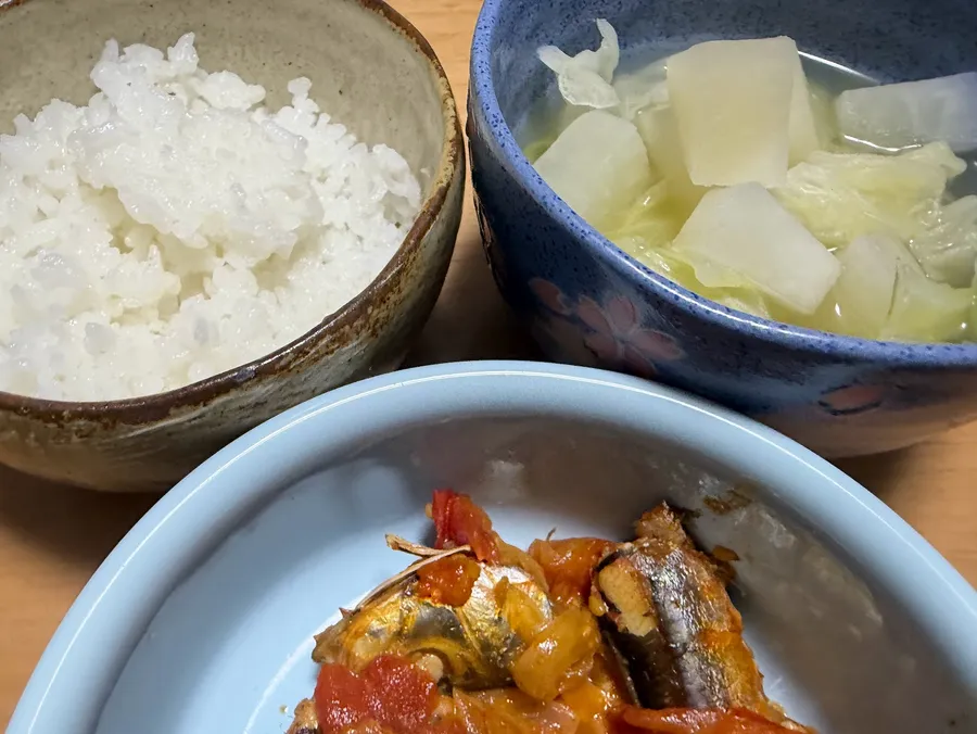 開発者が低コレステロールを意識して作った食事。いわしのトマト煮、ご飯、冬瓜のスープ